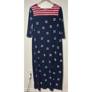 Vintage M. Mac Shirt Dress Maxi Flag Stars Patriotic 3/4 Sleeve USA Size Large